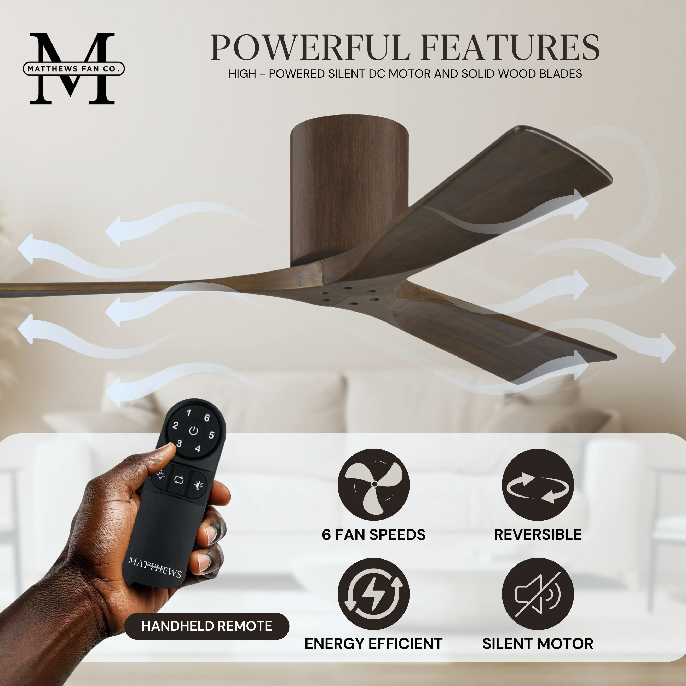 Atlas Irene-3H 52 inch Walnut Tone Flush Mount Paddle Fan, Flush Mounted